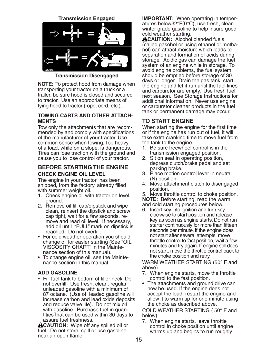 Poulan 192337 Before Starting the Engine, To Start Engine, Towing Carts and Other ATTACH- Ments, Check Engine OIL Level 