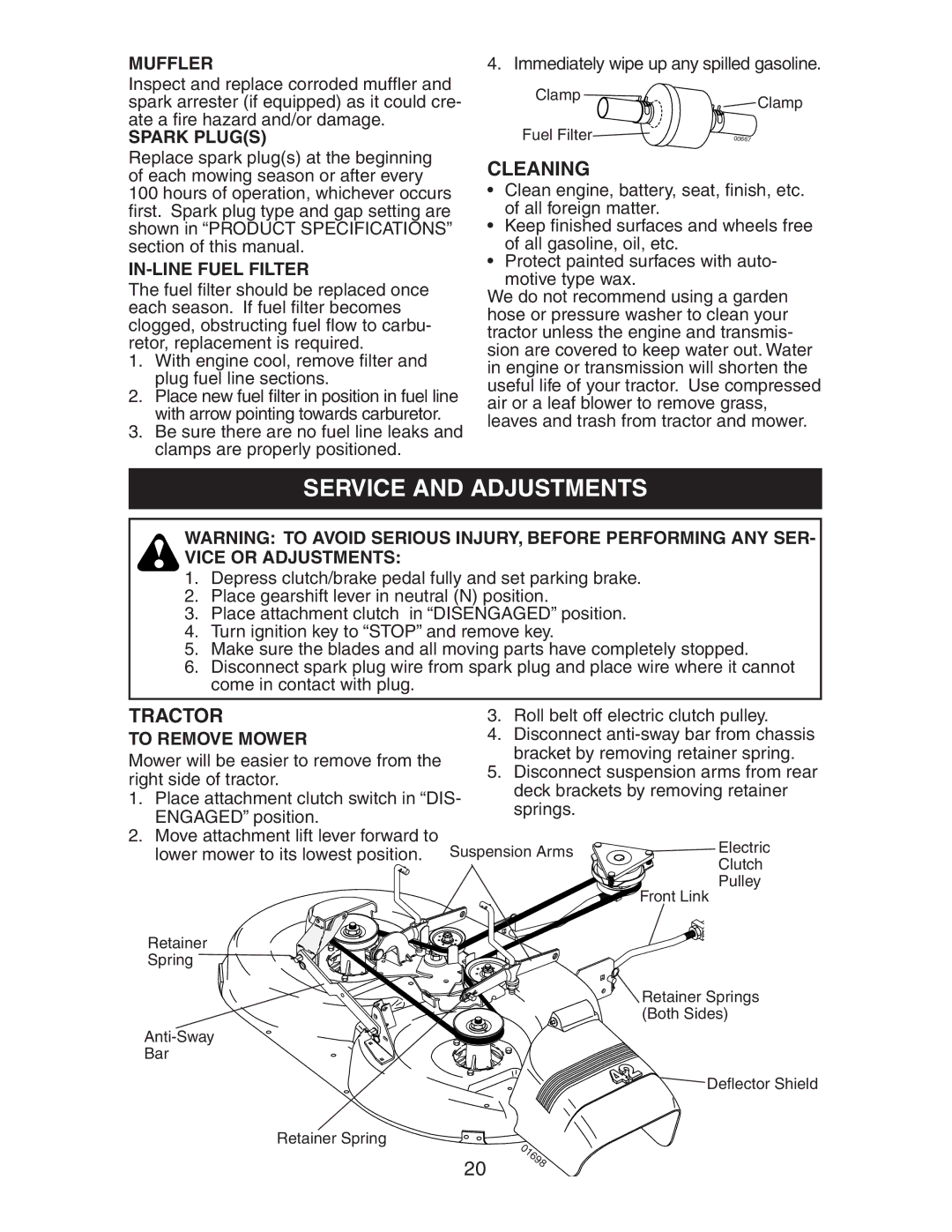 Poulan 192362 manual Service and Adjustments, Cleaning 