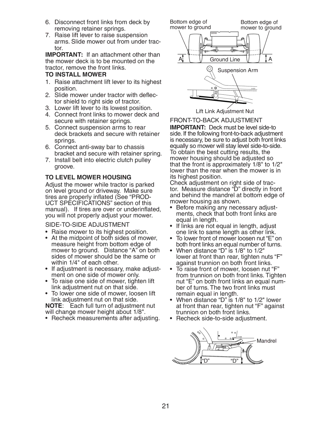 Poulan 192362 manual To Install Mower, To Level Mower Housing, SIDE-TO-SIDE Adjustment, FRONT-TO-BACK Adjustment 