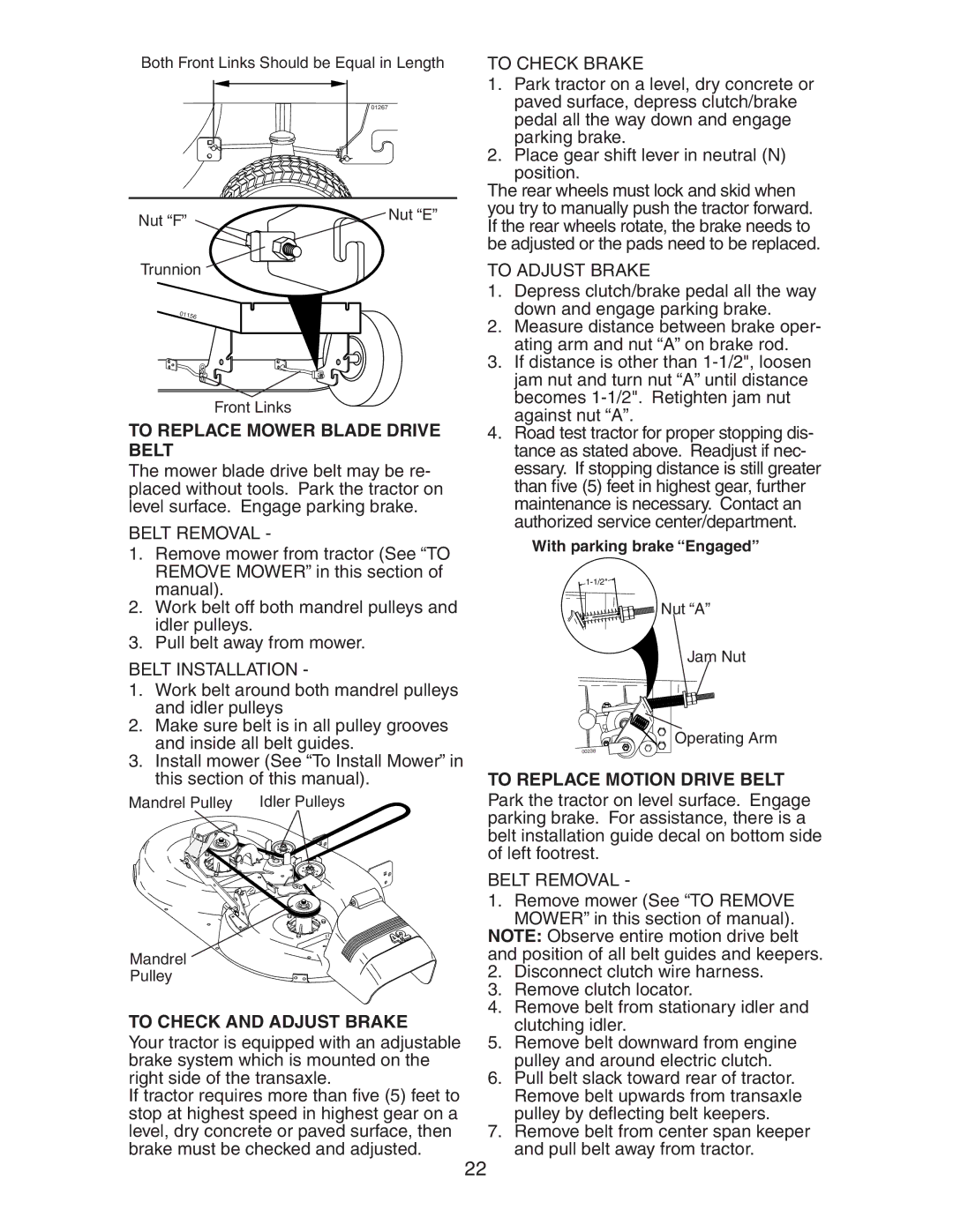 Poulan 192362 manual To Replace Mower Blade Drive Belt, To Check and Adjust Brake, To Replace Motion Drive Belt 