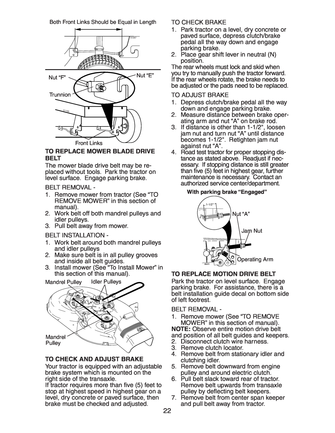 Poulan 192362 manual To Replace Mower Blade Drive Belt, To Check And Adjust Brake, To Replace Motion Drive Belt 