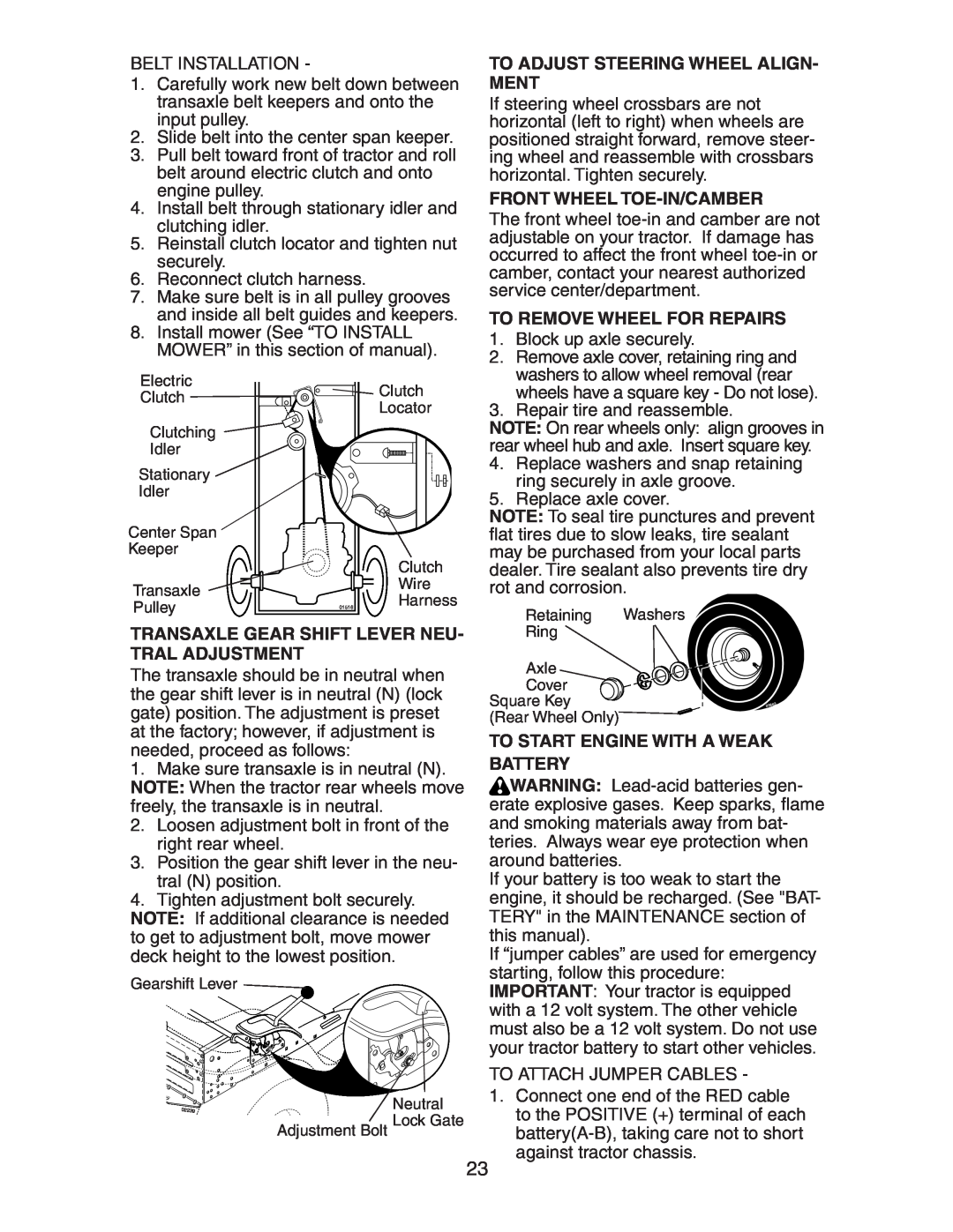 Poulan 192362 manual To Adjust Steering Wheel Align- Ment, Front Wheel Toe-In/Camber, To Remove Wheel For Repairs 