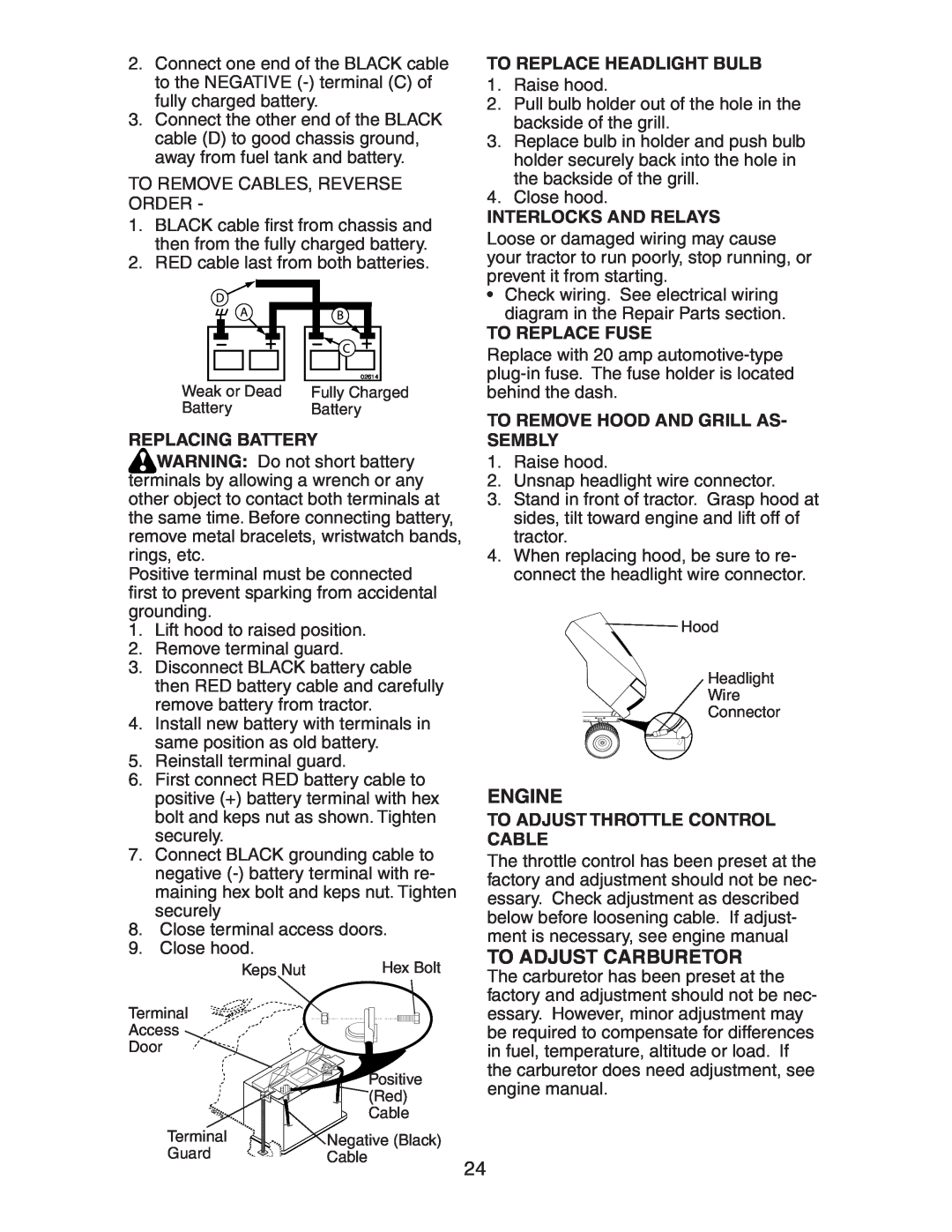 Poulan 192362 manual To Replace Headlight Bulb, Interlocks And Relays, Replacing Battery, To Replace Fuse 