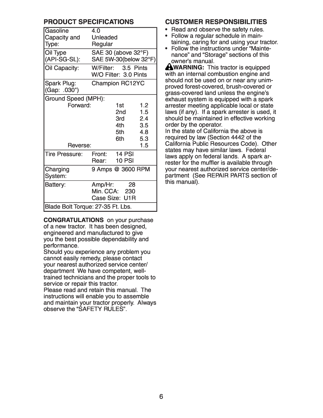 Poulan 192362 manual Product Specifications, Customer Responsibilities 