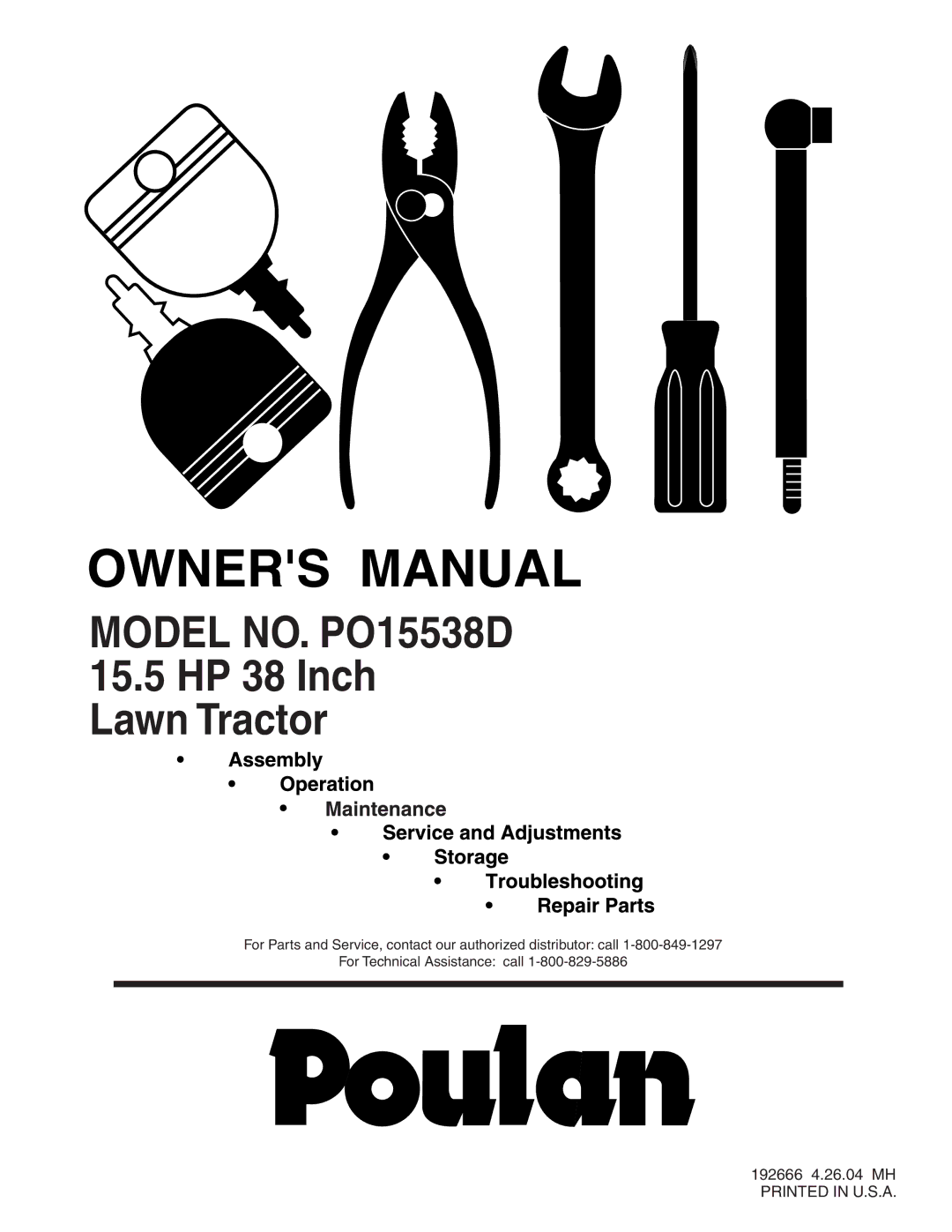 Poulan 192666 manual Model NO. PO15538D 