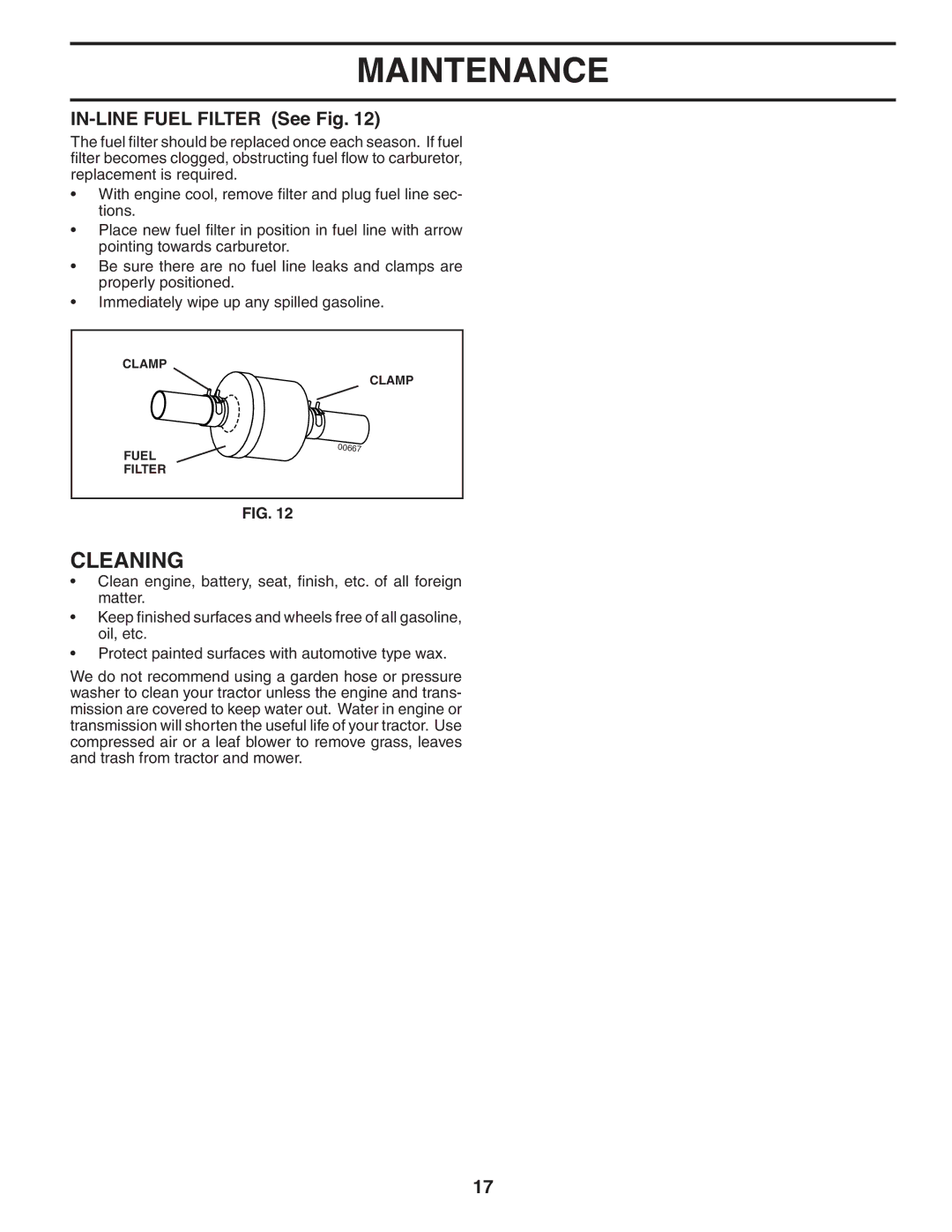 Poulan 192666 manual Cleaning, IN-LINE Fuel Filter See Fig 