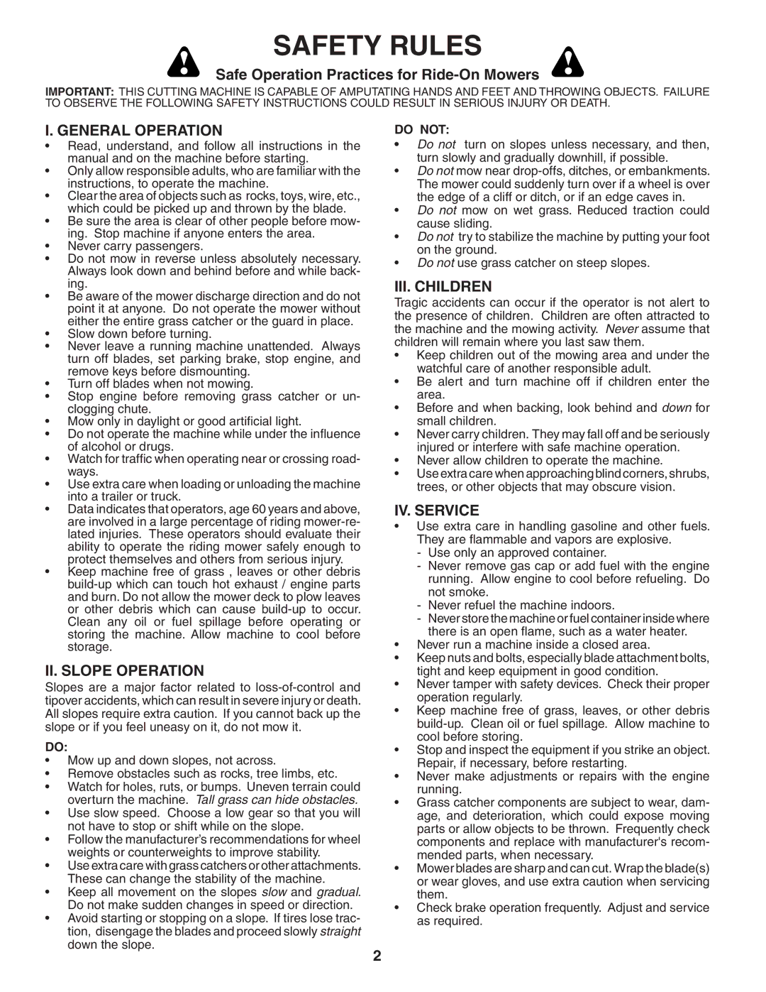 Poulan 192666 manual Safety Rules, General Operation, II. Slope Operation, III. Children, IV. Service 