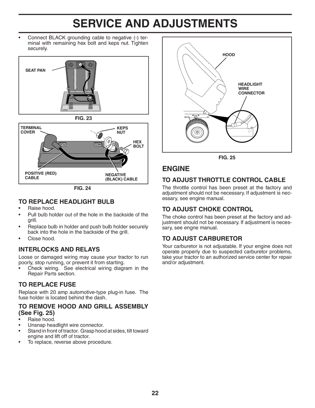 Poulan 192666 manual To Replace Headlight Bulb, Interlocks and Relays, To Replace Fuse, To Adjust Throttle Control Cable 