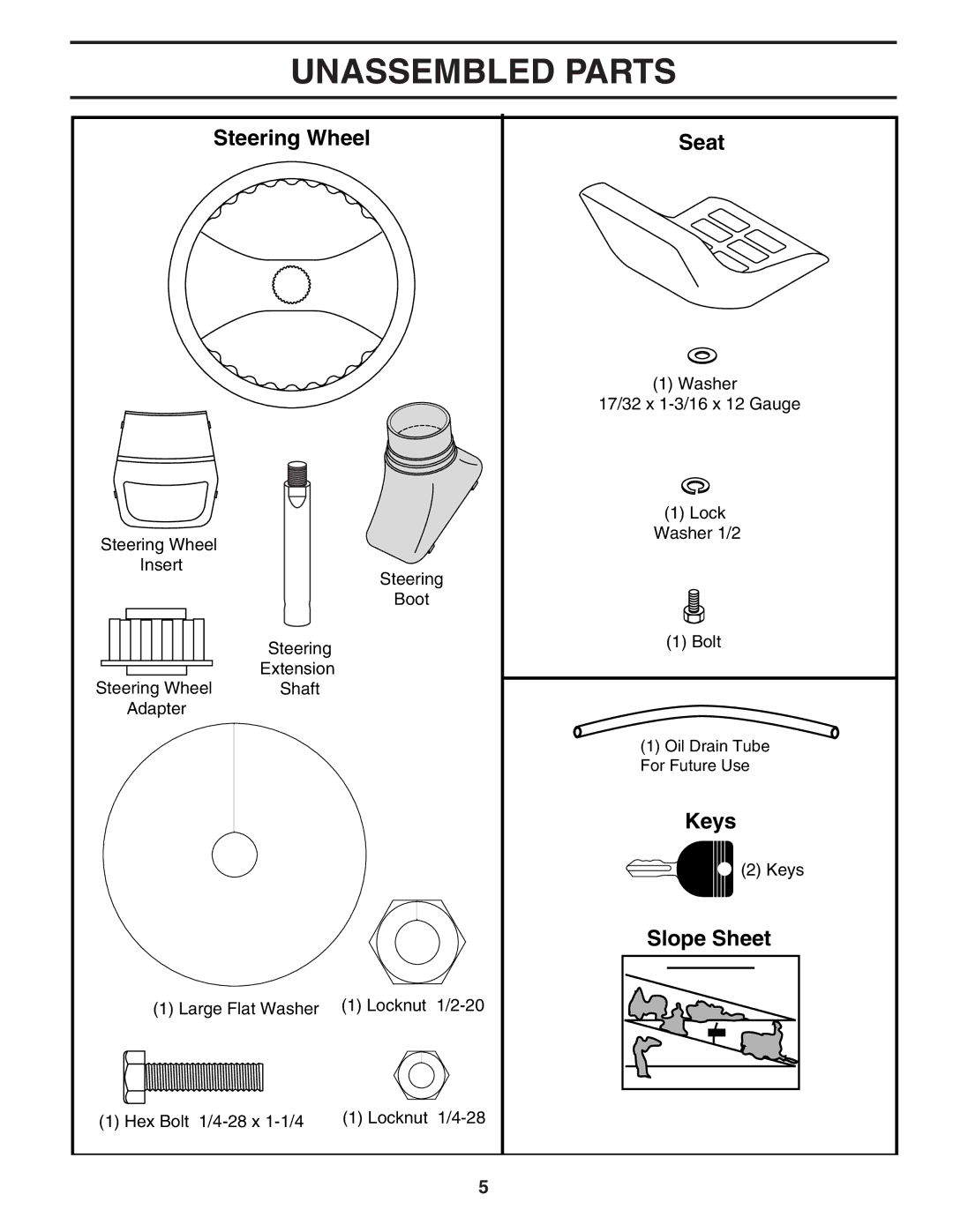 Poulan 192666 manual Unassembled Parts, Steering Wheel Seat 