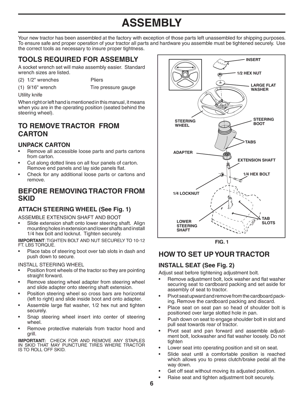 Poulan 192666 manual Tools Required for Assembly, To Remove Tractor from Carton, Before Removing Tractor from Skid 