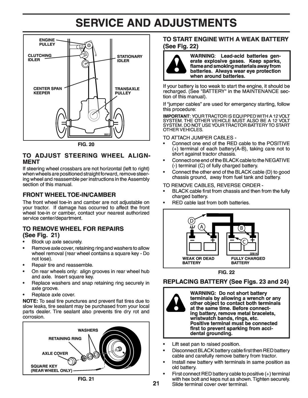 Poulan 192666 TO START ENGINE WITH A WEAK BATTERY See Fig, To Adjust Steering Wheel Align- Ment, Front Wheel Toe-In/Camber 