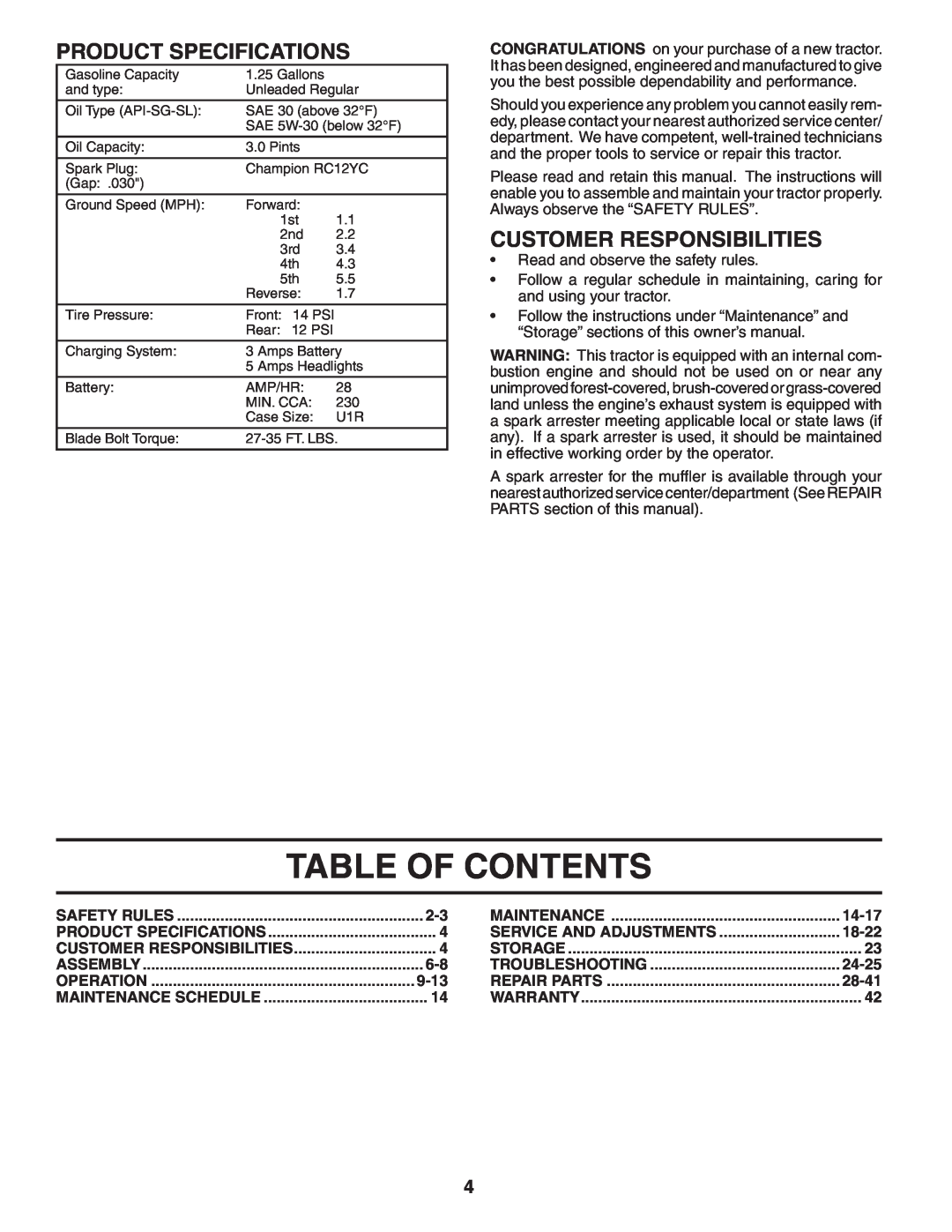 Poulan 192666 manual Table Of Contents, Product Specifications, Customer Responsibilities 