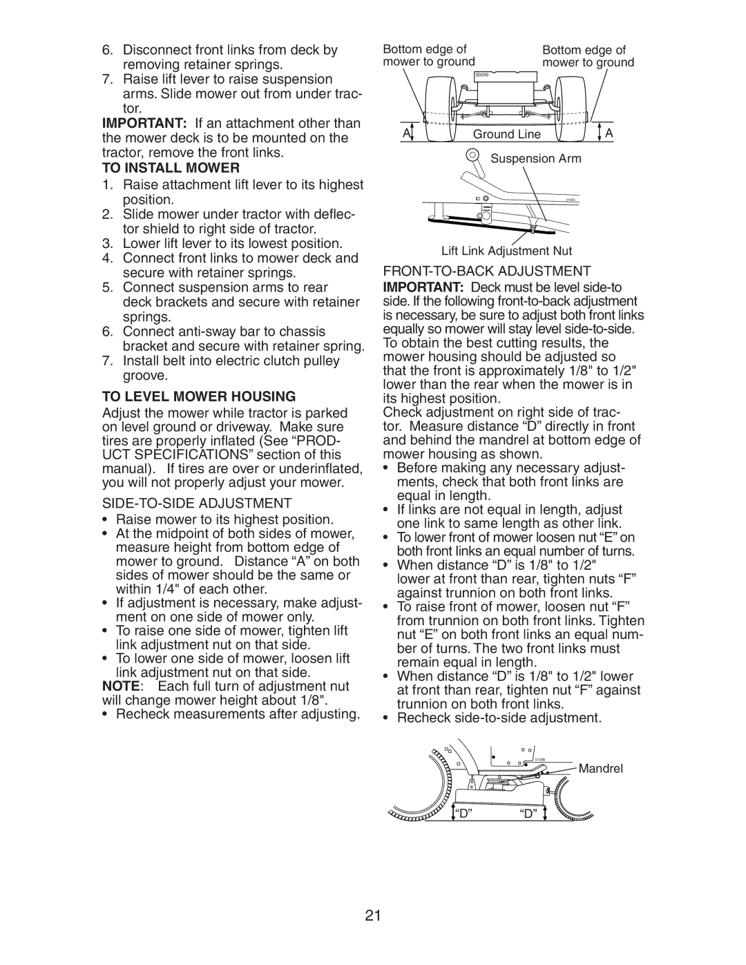 Poulan 193008 manual To Install Mower, To Level Mower Housing, SIDE-TO-SIDE Adjustment, FRONT-TO-BACK Adjustment 