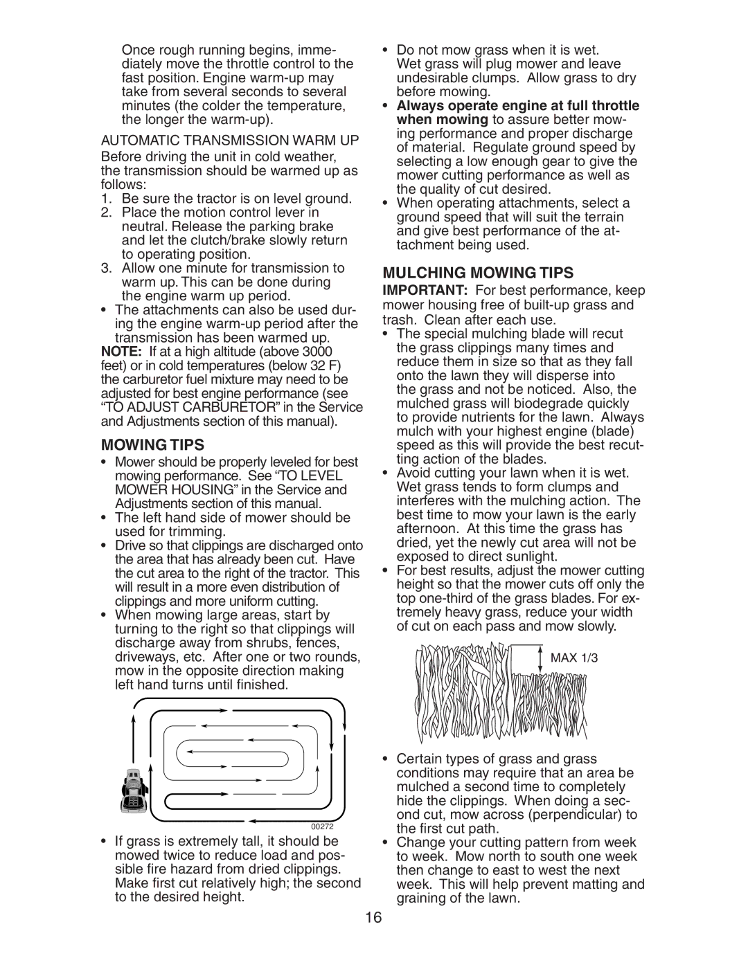 Poulan 193282 manual Mulching Mowing Tips, Automatic Transmission Warm UP 