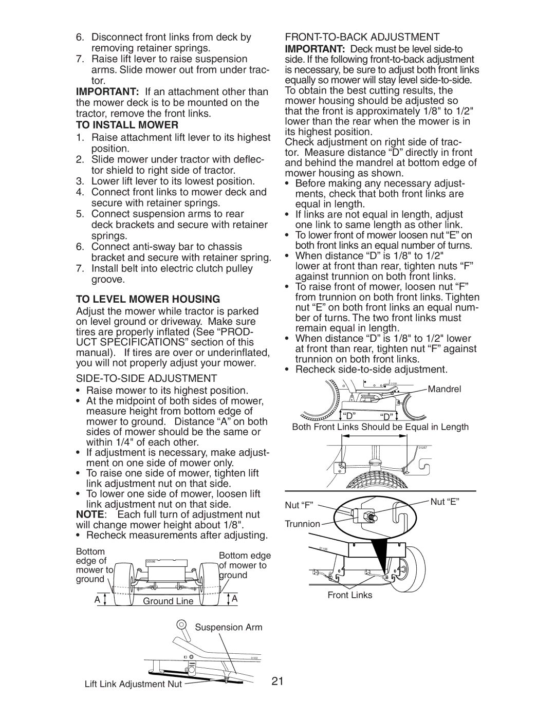 Poulan 193282 manual To Install Mower, To Level Mower Housing, SIDE-TO-SIDE Adjustment, FRONT-TO-BACK Adjustment 