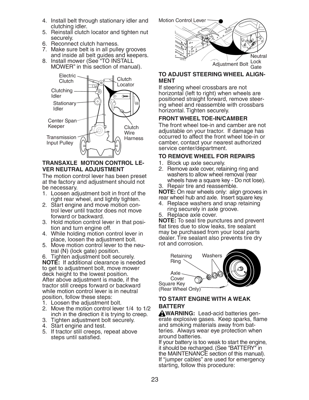 Poulan 193282 manual Transaxle Motion Control LE- VER Neutral Adjustment, To Adjust Steering Wheel ALIGN- Ment 