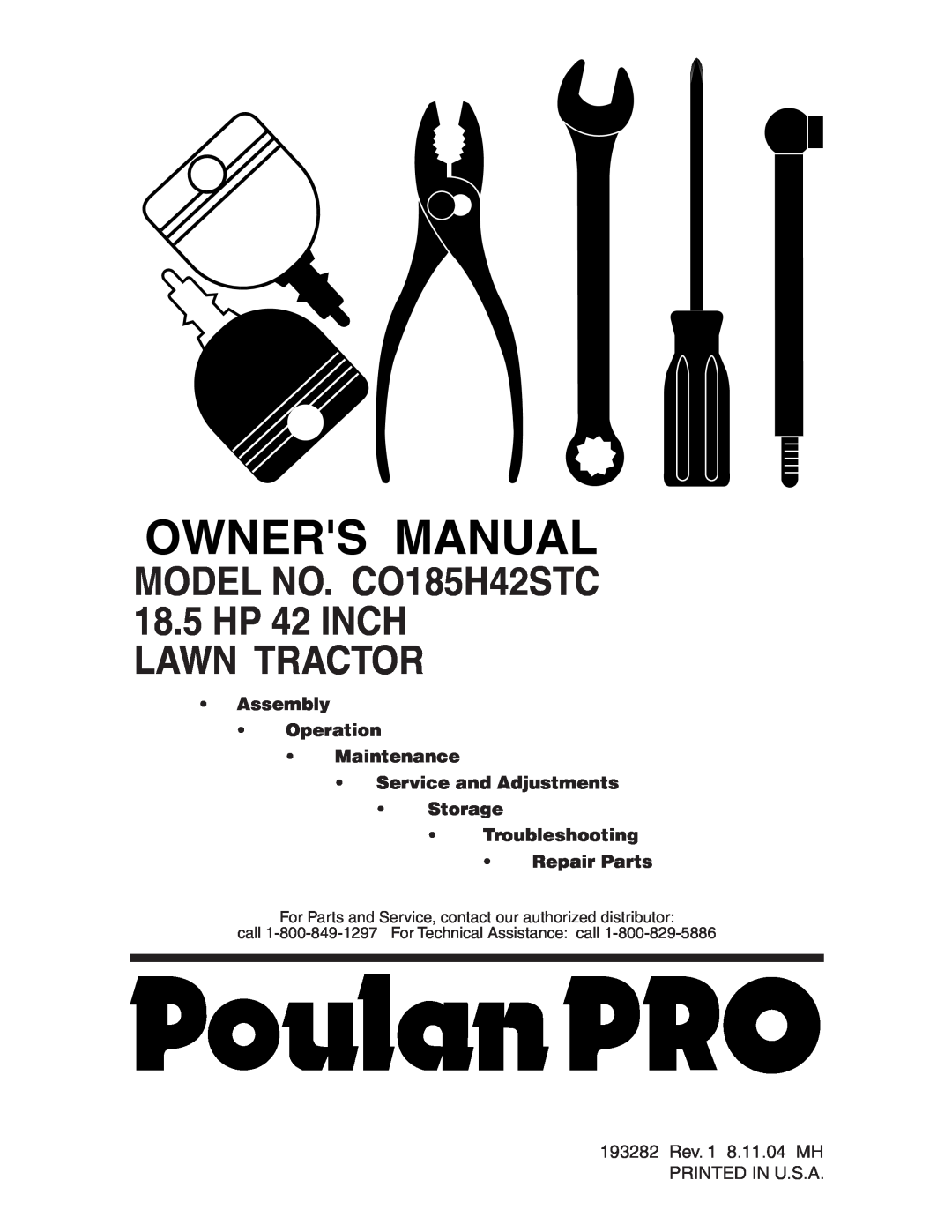 Poulan 193282 manual MODEL NO. CO185H42STC, 18.5HP 42 INCH LAWN TRACTOR, •Assembly • Operation • Maintenance 