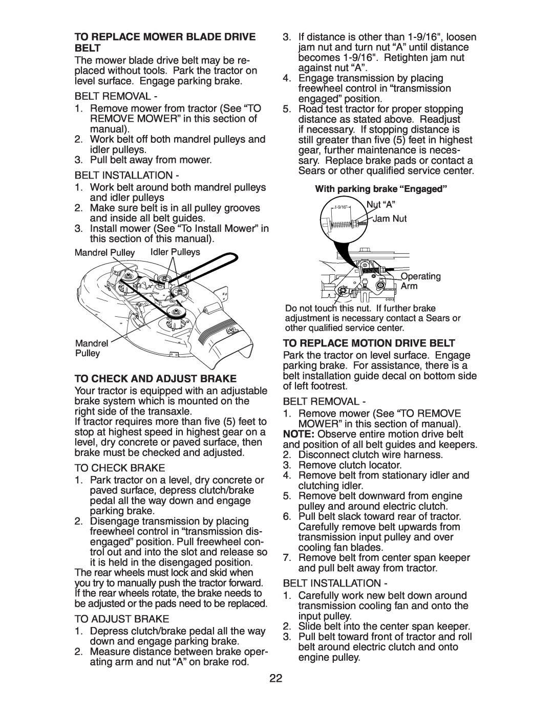 Poulan 193282 manual To Replace Mower Blade Drive Belt, To Check And Adjust Brake, To Replace Motion Drive Belt 