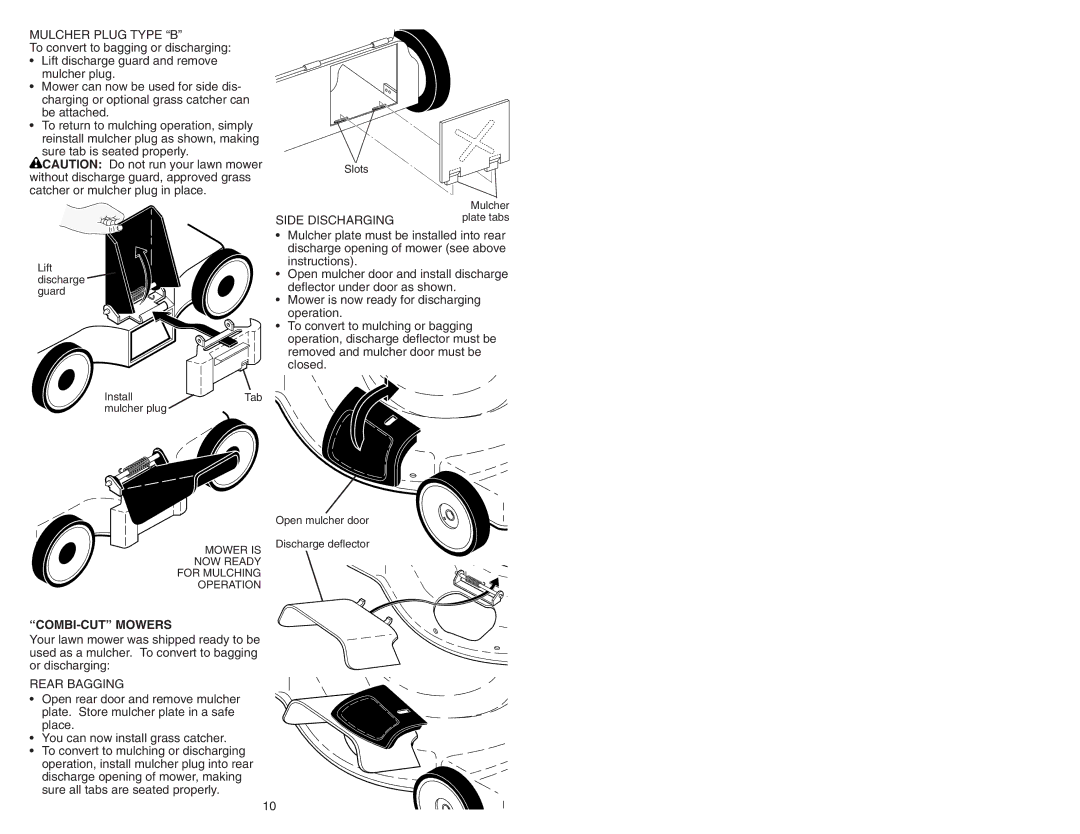 Poulan 193733 manual Mulcher Plug Type B, Side Discharging, COMBI-CUT Mowers, Rear Bagging 