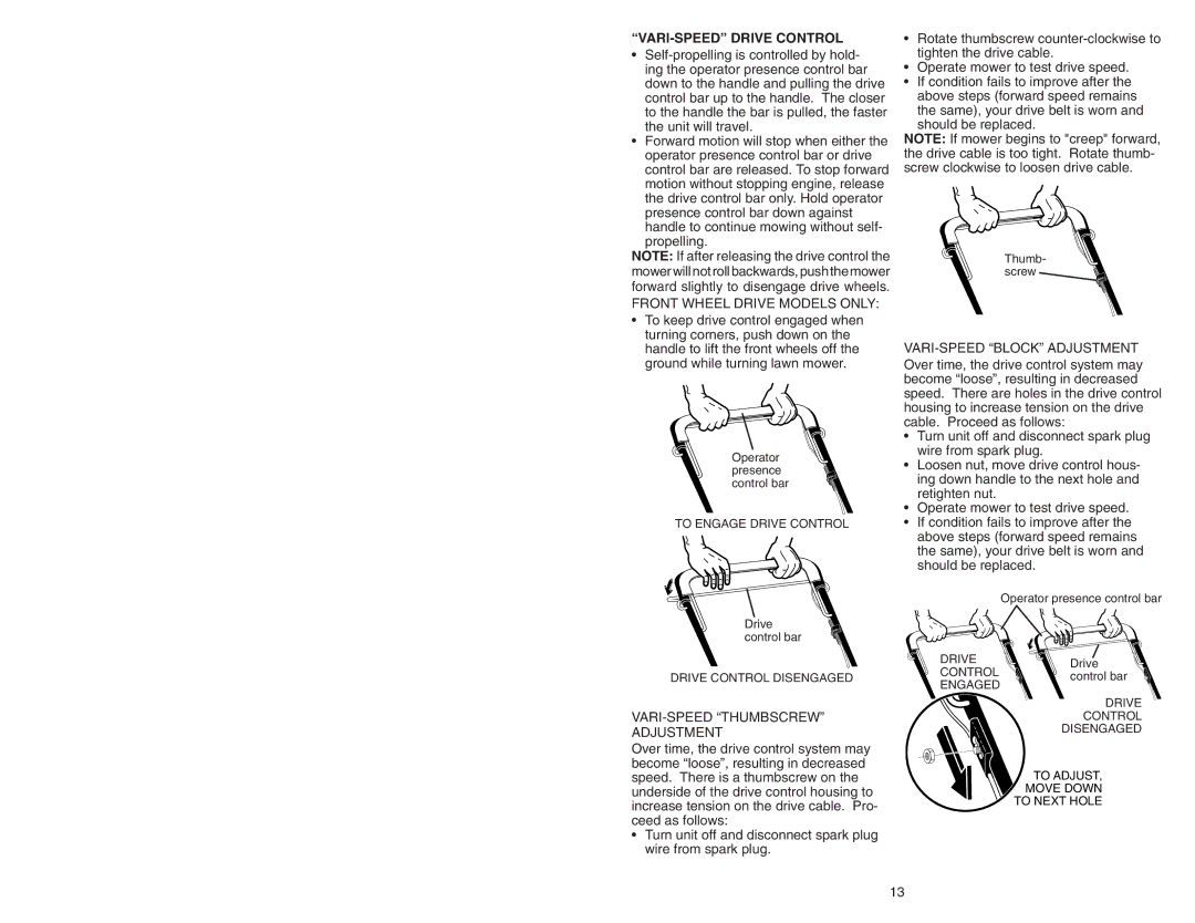 Poulan 193733 manual VARI-SPEED Drive Control, VARI-SPEED Thumbscrew Adjustment 