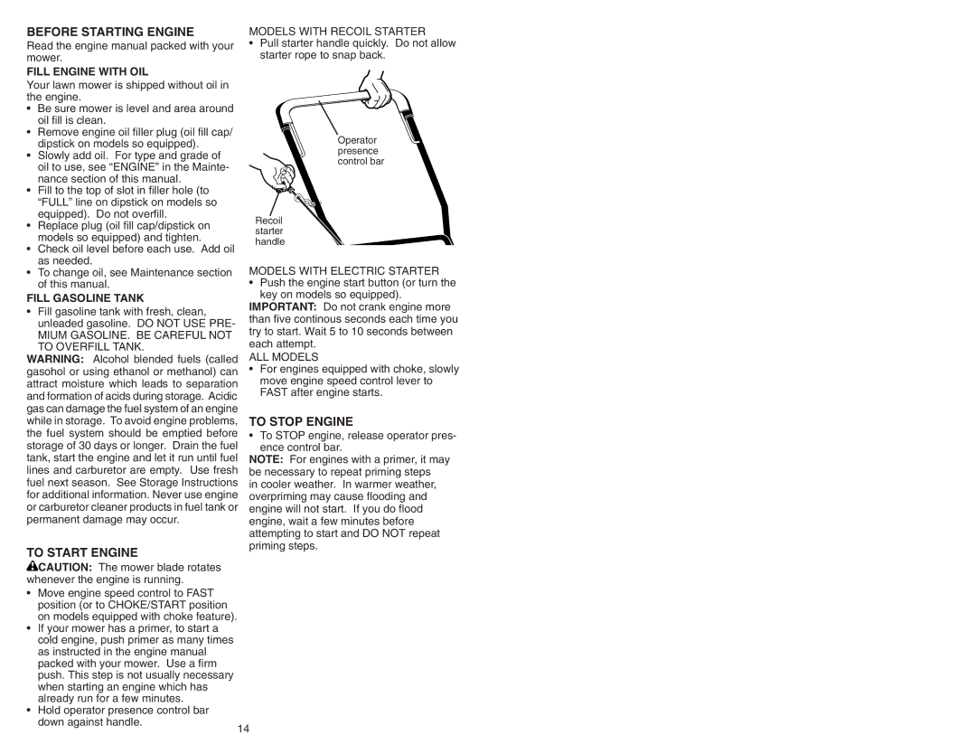 Poulan 193733 manual Before Starting Engine, To Stop Engine, To Start Engine, Fill Engine with OIL, Fill Gasoline Tank 