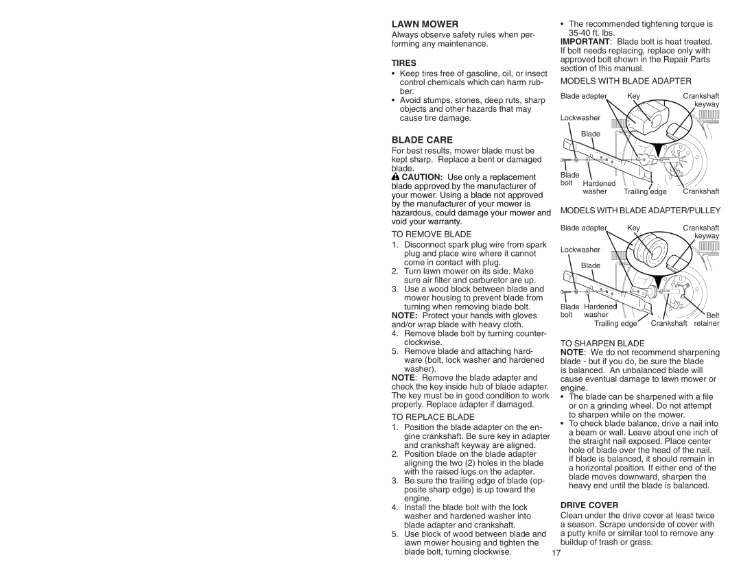 Poulan 193733 manual Lawn Mower, Blade Care, Tires, Drive Cover 