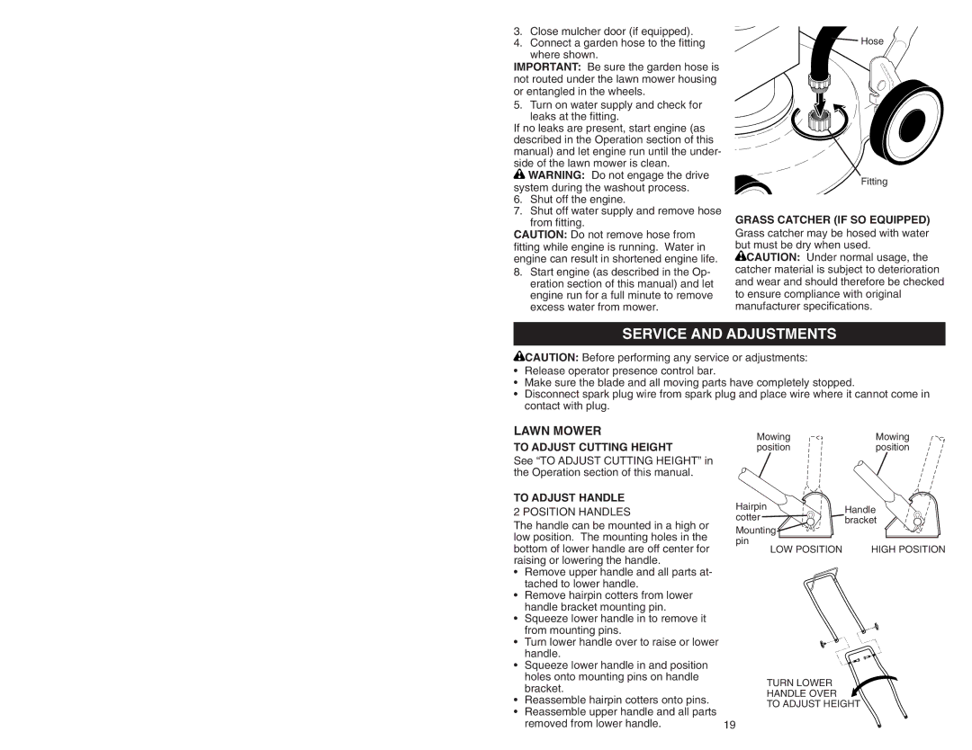 Poulan 193733 manual Service and Adjustments, To Adjust Cutting Height, To Adjust Handle, Position Handles 