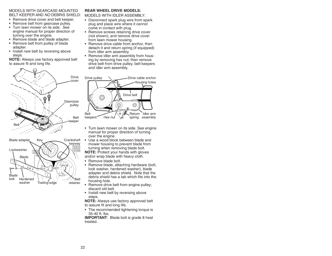 Poulan 193733 manual Rear Wheel Drive Models, Models with Idler Assembly 