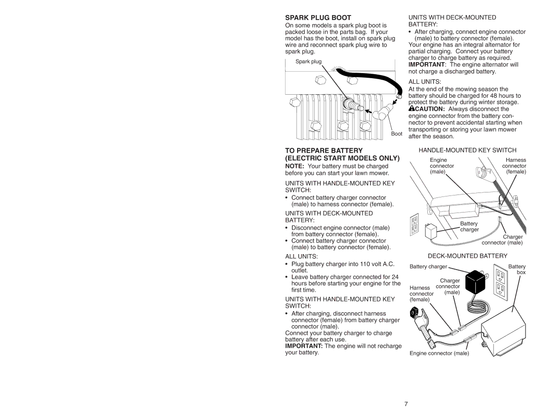 Poulan 193733 manual Spark Plug Boot, To Prepare Battery Electric Start Models only 