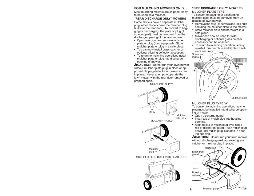 Poulan 193733 manual For Mulching Mowers only, Rear Discharge only Mowers, Side Discharge only Mowers, Mulcher Plate Type 