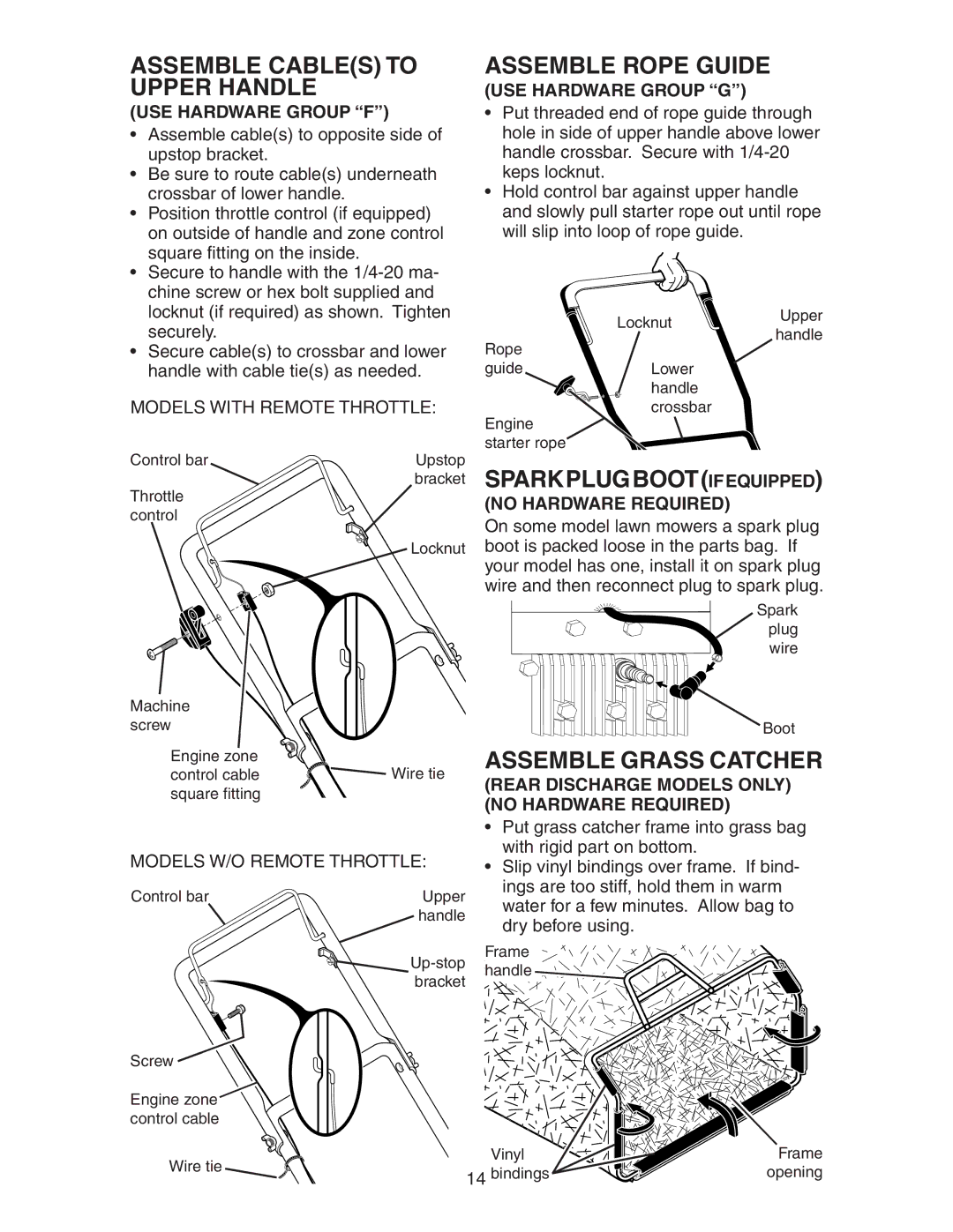 Poulan 193747 manual Assemble Cables to Upper Handle, Assemble Rope Guide, Sparkplugbootifequipped, Assemble Grass Catcher 