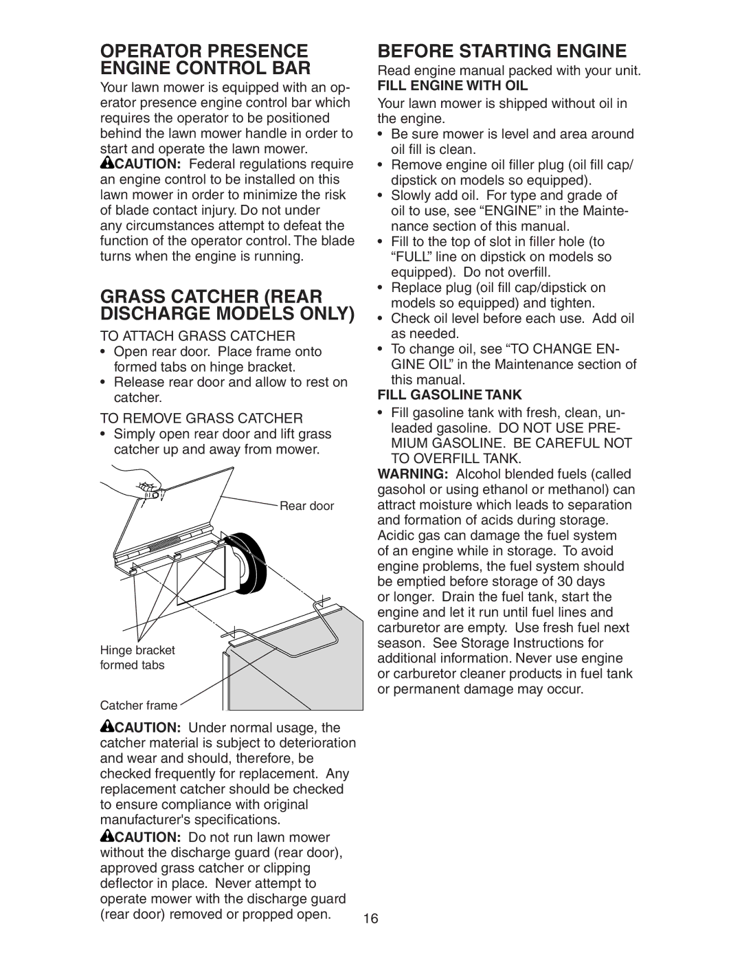 Poulan 193747 manual Operator Presence Engine Control BAR, Grass Catcher Rear Discharge Models only, Before Starting Engine 