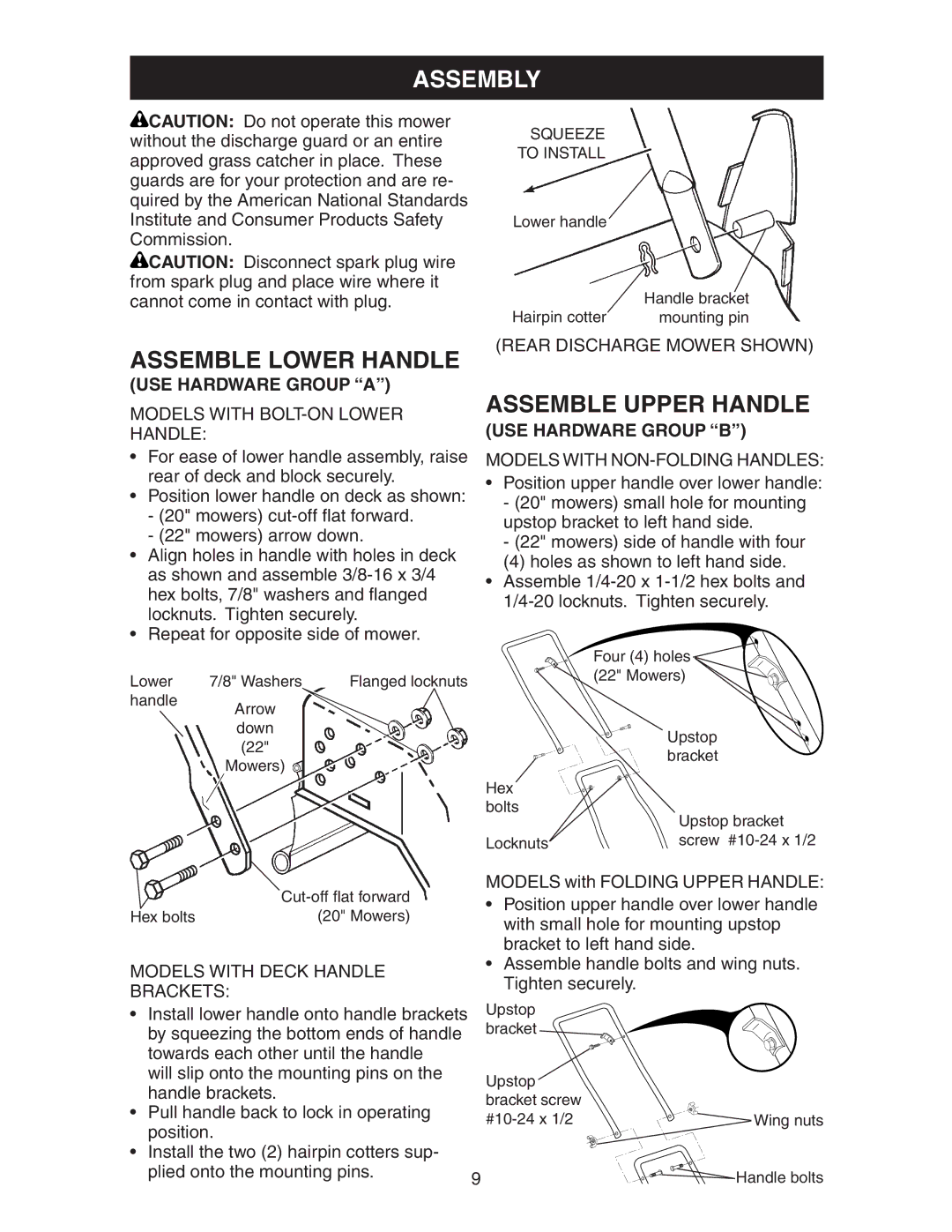 Poulan 193747 manual Assembly, Assemble Lower Handle, Assemble Upper Handle, USE Hardware Group a, USE Hardware Group B 