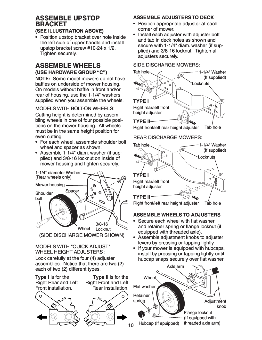 Poulan 193747 manual Assemble Upstop Bracket, Assemble Wheels, See Illustration Above, Use Hardware Group “C”, Type 