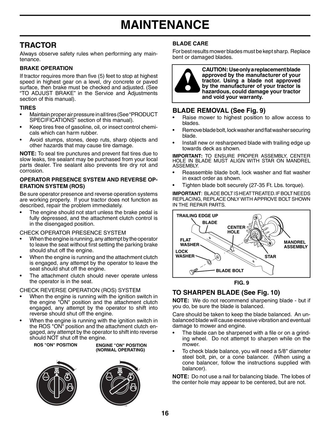 Poulan 194563 manual Tractor, Blade Removal See Fig, To Sharpen Blade See Fig 