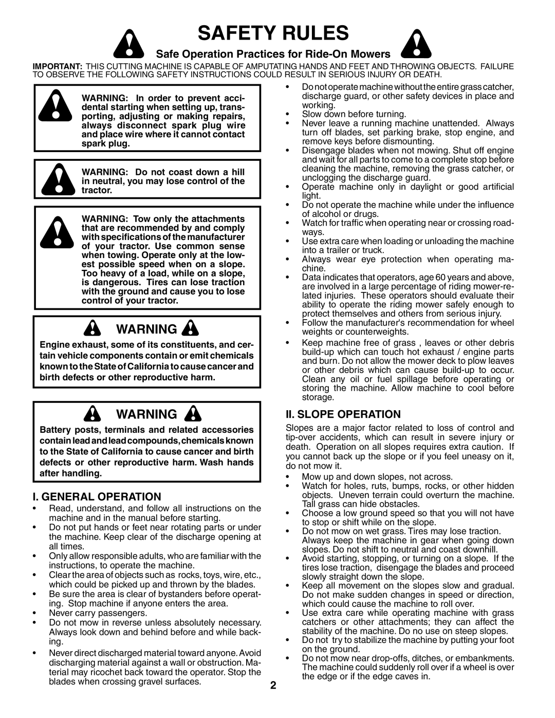 Poulan 194563 manual Safety Rules, Safe Operation Practices for Ride-On Mowers, General Operation, II. Slope Operation 