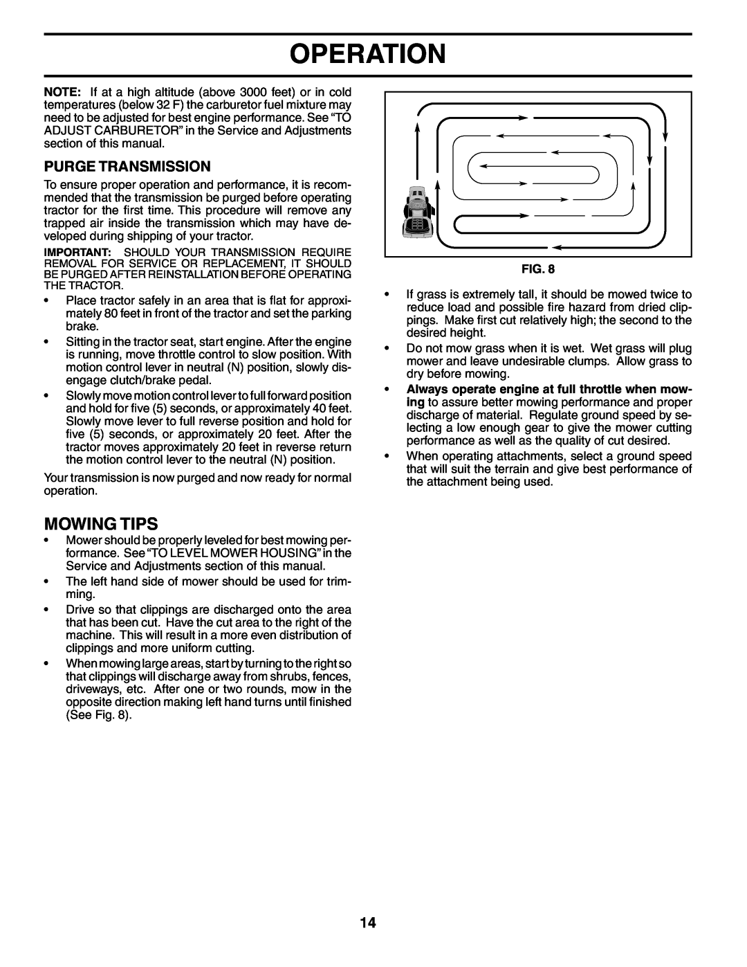 Poulan 194563 manual Mowing Tips, Purge Transmission, Operation 