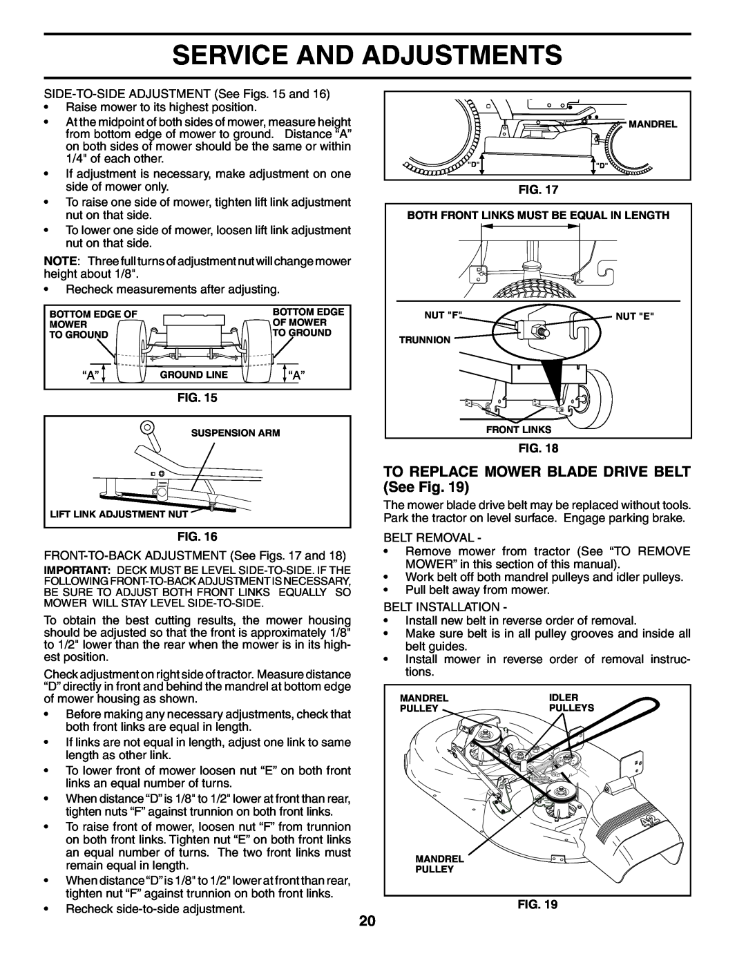 Poulan 194563 manual TO REPLACE MOWER BLADE DRIVE BELT See Fig, Service And Adjustments 