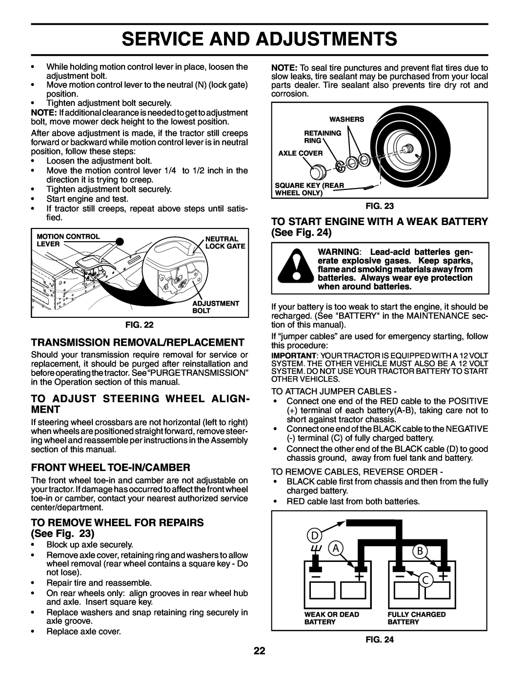 Poulan 194563 manual Transmission Removal/Replacement, To Adjust Steering Wheel Align- Ment, Front Wheel Toe-In/Camber 