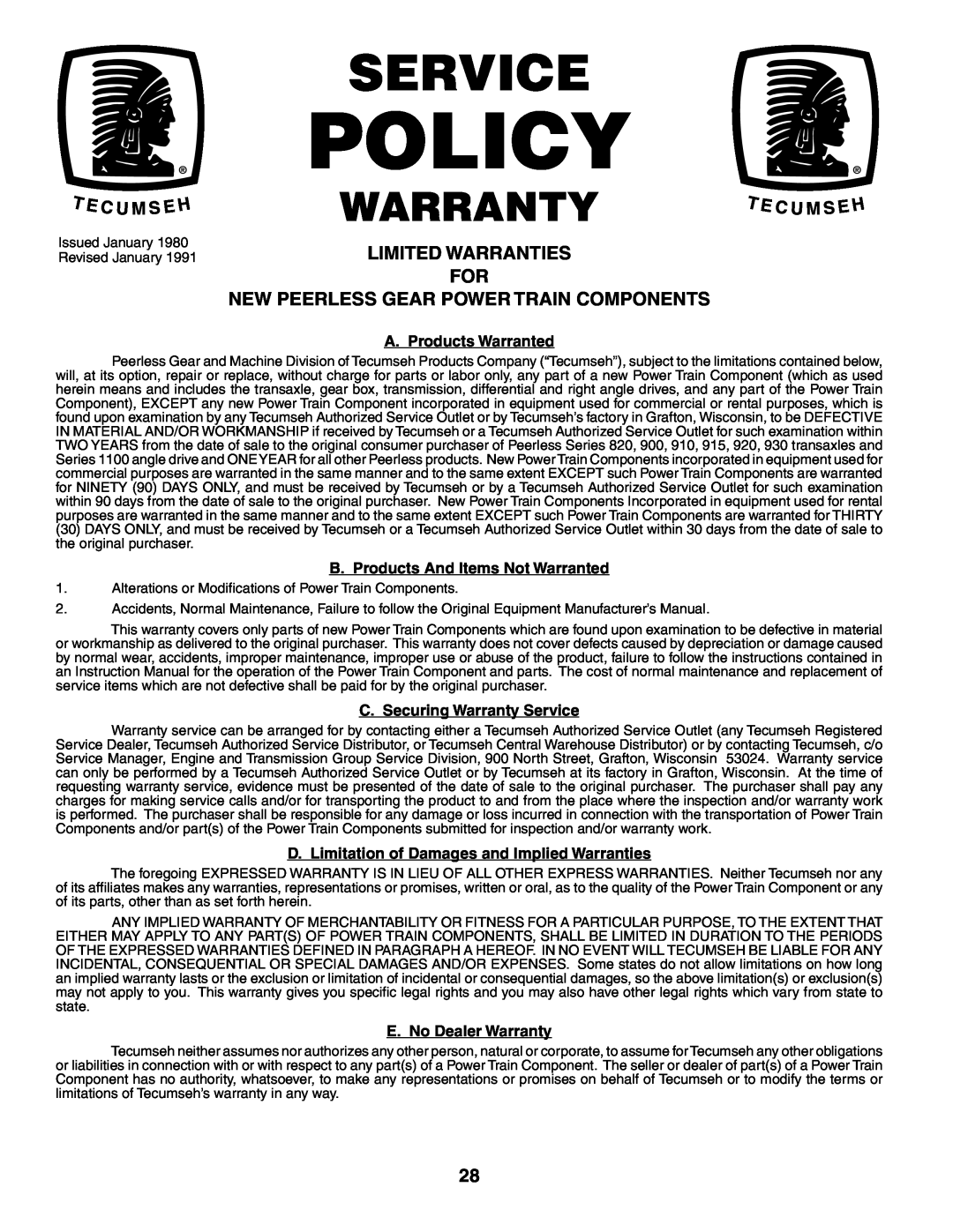 Poulan 194563 manual Limited Warranties For New Peerless Gear Power Train Components, Policy, Service, Warranty 