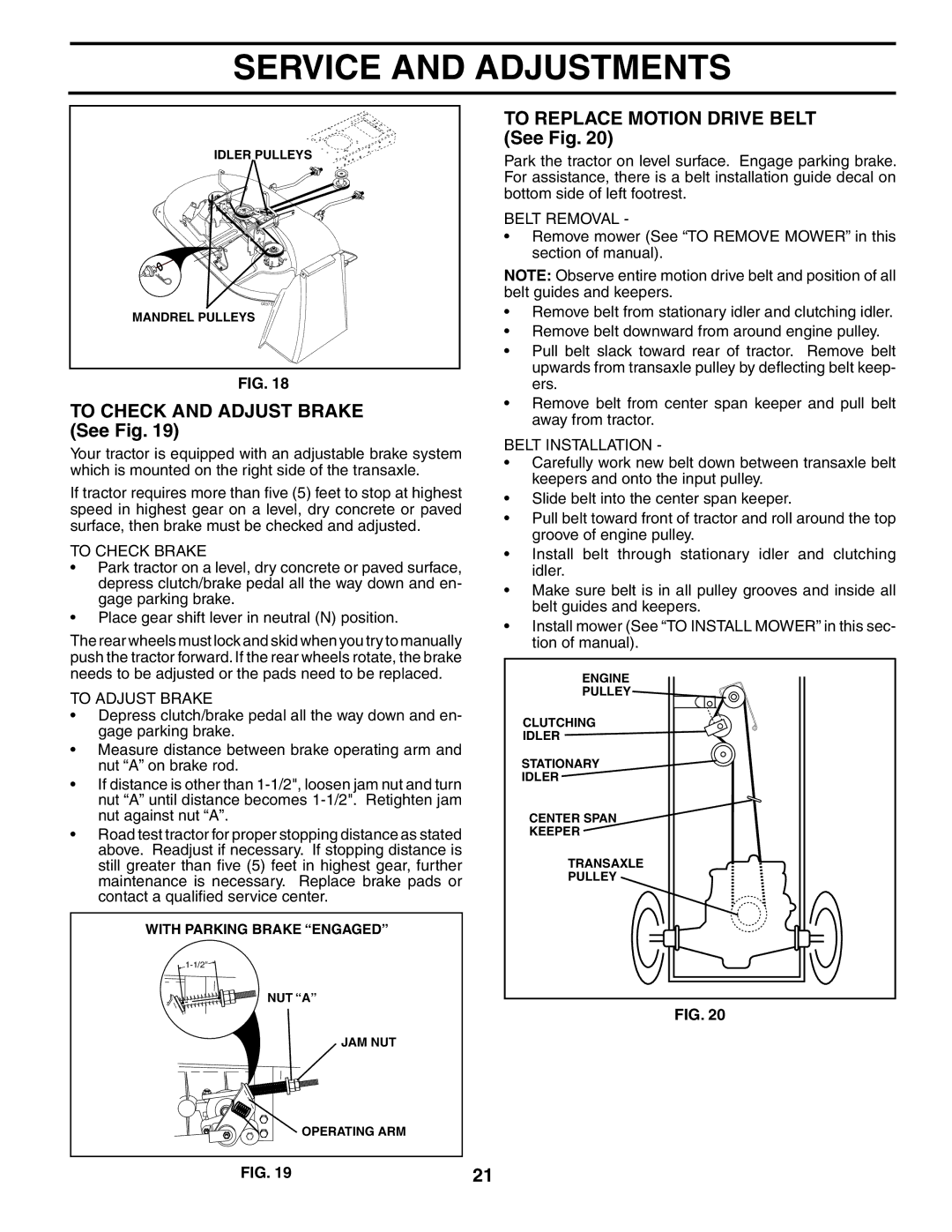 Poulan 194598 To Check and Adjust Brake See Fig, To Replace Motion Drive Belt See Fig, To Check Brake, To Adjust Brake 