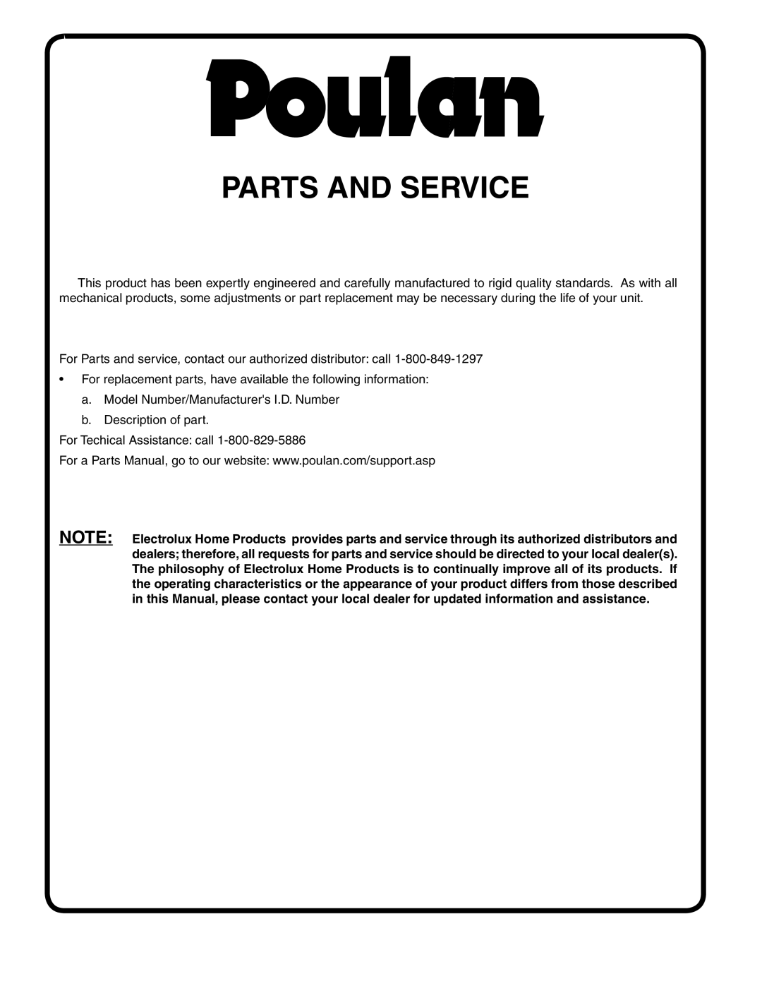 Poulan 194598 manual Parts and Service 