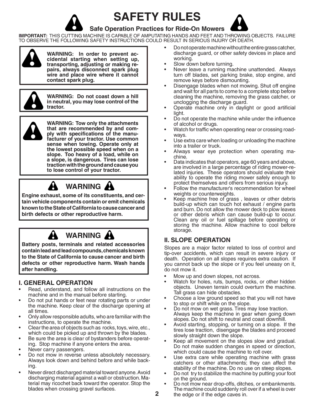 Poulan 194604 manual Safe Operation Practices for Ride-On Mowers, General Operation, II. Slope Operation 