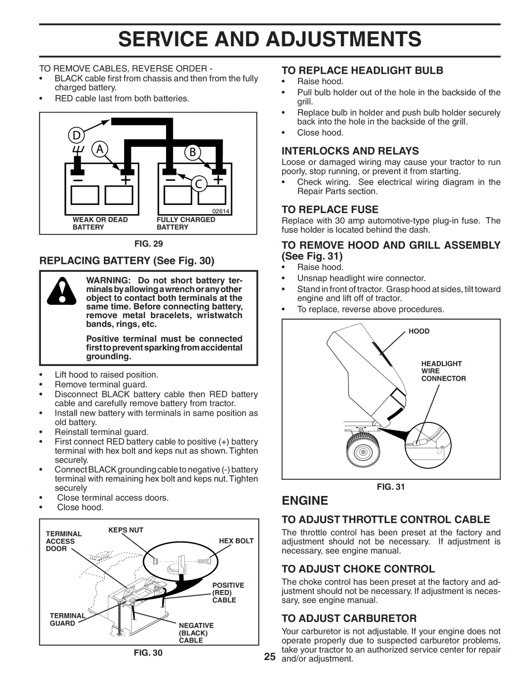 Poulan 194604 manual To Replace Headlight Bulb, Interlocks and Relays, To Replace Fuse, To Adjust Throttle Control Cable 