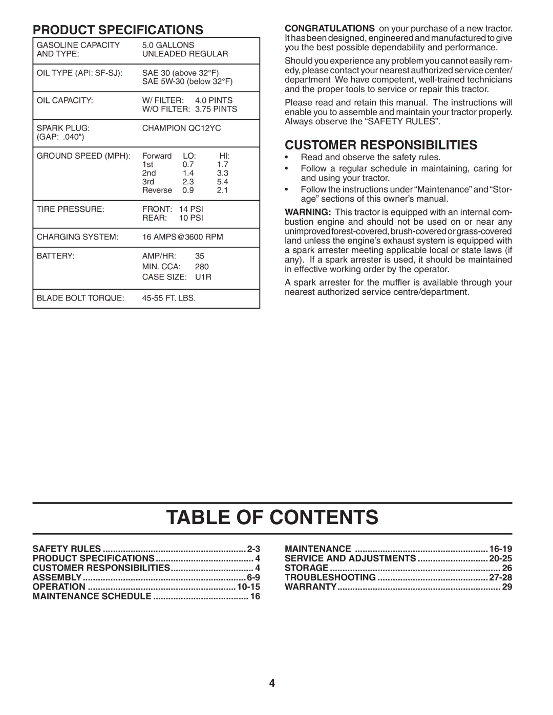 Poulan 194604 manual Table of Contents 