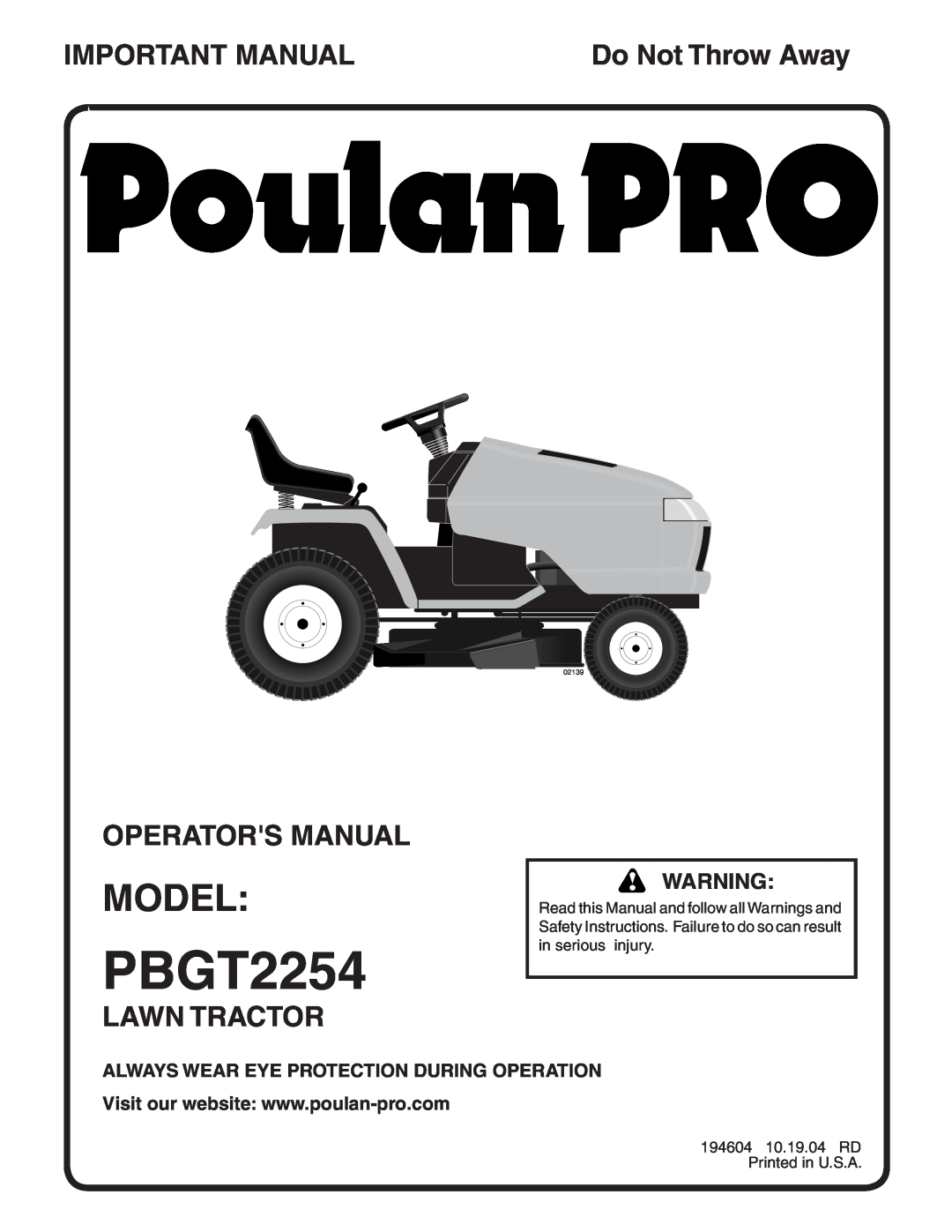 Poulan 194604 manual Model, Important Manual, Operators Manual, Lawn Tractor, Do Not Throw Away, PBGT2254, 02139 