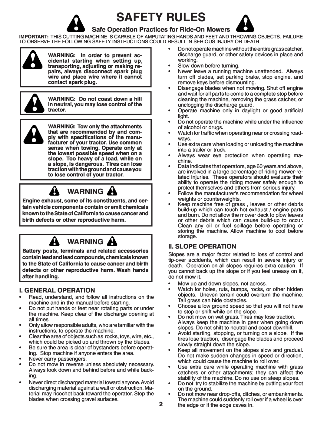 Poulan 194604 manual Safety Rules, Safe Operation Practices for Ride-On Mowers, I. General Operation, Ii. Slope Operation 