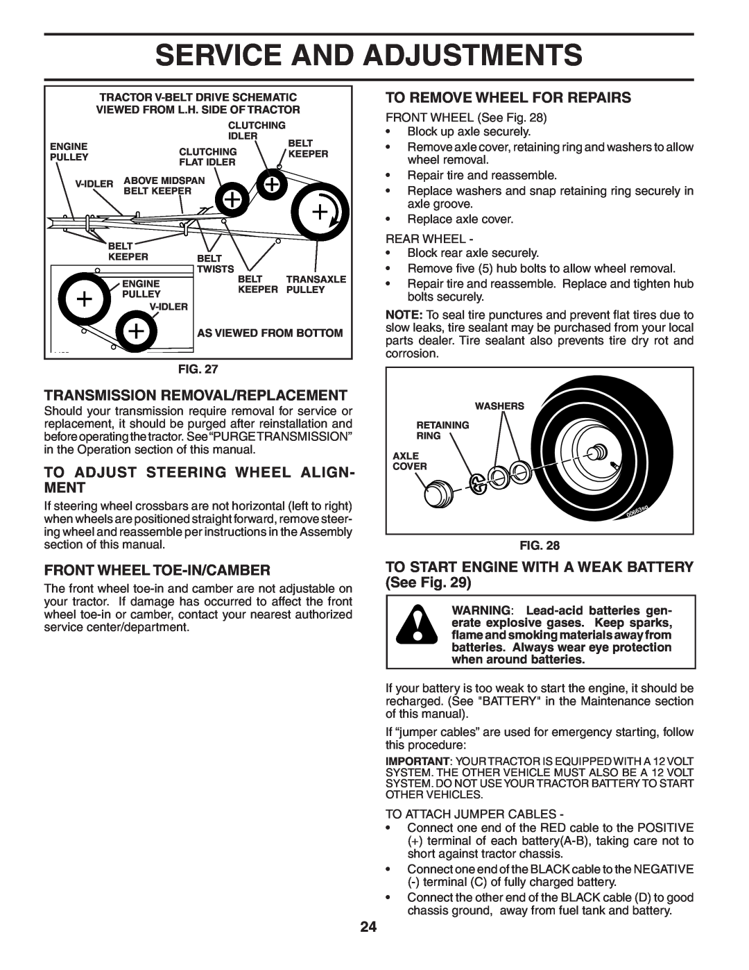 Poulan 194604 manual Transmission Removal/Replacement, To Adjust Steering Wheel Align- Ment, Front Wheel Toe-In/Camber 