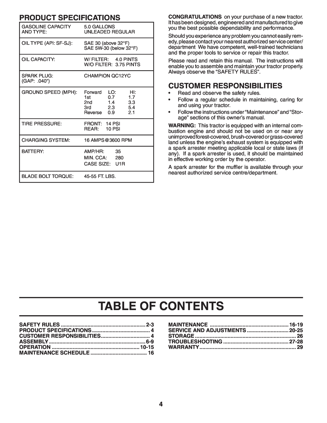 Poulan 194604 manual Table Of Contents, Product Specifications, Customer Responsibilities 