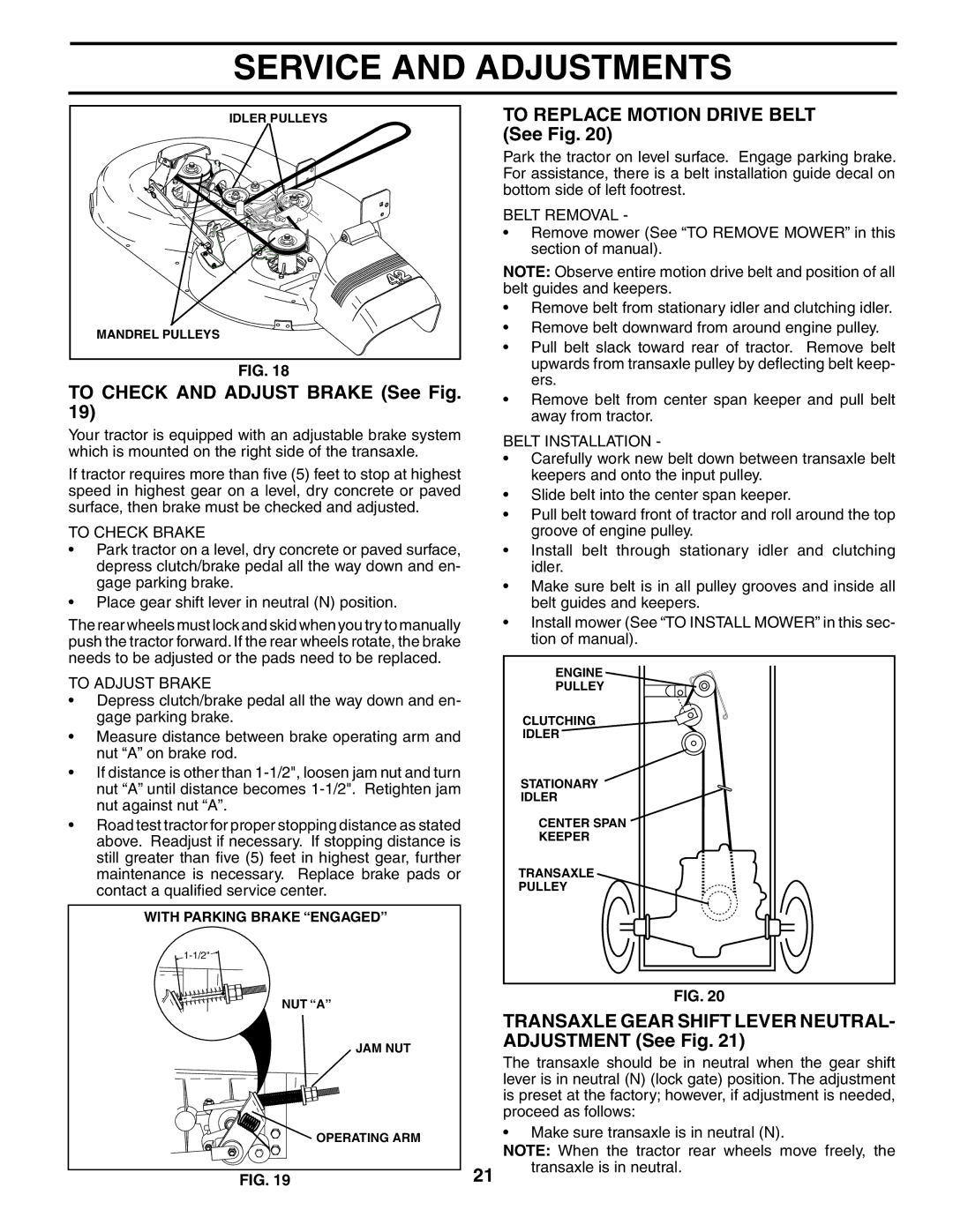 Poulan 194632 To Check and Adjust Brake See Fig, To Replace Motion Drive Belt See Fig, To Check Brake, To Adjust Brake 